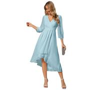 Ever-Pretty Women's Midi Chiffon V Neck 3/4 Sleeves Pleated High-Low A-Line Knee Length Wedding Guest Dress Sky Blue 22UK