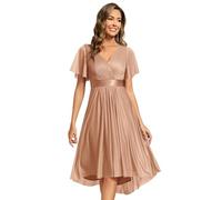 Ever-Pretty Women's Midi Wedding Guest Dress with V Neck and Short Ruffles Sleeve Pleated Design Diamond Fine Flash Bridesmaid Dress Rose Gold 10UK