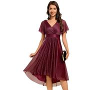Ever-Pretty Women's Midi Wedding Guest Dress with V Neck and Short Ruffles Sleeve Pleated Design Diamond Fine Flash Evening Dress Burgundy Red 10UK