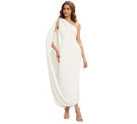 Ever-Pretty Women's One-Shoulder Draped Maxi Wedding Guest Dress Asymmetric Formal Evening Gown with Statement Buckle White 18UK