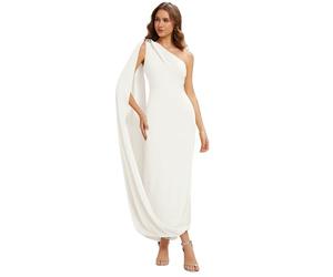 Ever-Pretty Women's One-Shoulder Draped Maxi Wedding Guest Dress Asymmetric Formal Evening Gown with Statement Buckle White 20UK