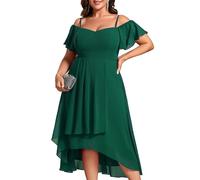 Ever-Pretty Women's Plus Size Ruffle Sleeves Off Shoulder Empire Waist A Line Chiffon Summer Wedding Guest Dress Dark Green 18UK