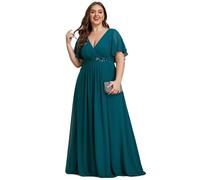 Ever-Pretty Women's Plus Size V Neck Applique Short Sleeves Tea Length Formal Dress-Ideal for Wedding Guests and Mothers of The Bride Teal 30UK