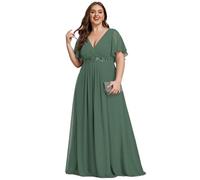 Ever-Pretty Women's Plus Size V Neck Applique Short Sleeves Tea Length Formal Dress-Ideal for Wedding Guests and Mothers of The Bride Eucalyptus Green 18UK