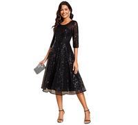 Ever-Pretty Women's Prom Dress Round Neck 3/4 Sleeve Elegant A Line Sequin Luxurious Evening Dresses for Wedding Guest Black 16UK