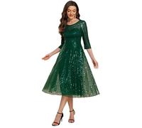 Ever-Pretty Women's Prom Midi Dress Round Neck 3/4 Sleeve Elegant A Line Sequin Luxurious Evening Dresses for Wedding Guest Dark Green 12UK