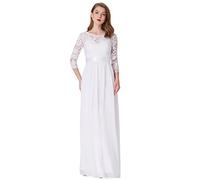 Ever-Pretty Women's Round Neck 3/4 Sleeves A Line Empire Waist Lace Elegant Maxi Evening Dress White 20UK