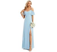 Ever-Pretty Women's Ruffles One Shoulder Short Sleeve Empire Waist A Line Chiffon Long Bridesmaid Dresses with Side Slit Sky Blue 8UK