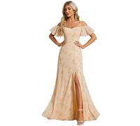 Ever-Pretty Women's Ruffles One Shoulder Short Sleeve Empire Waist A Line Chiffon Long Bridesmaid Dresses with Side Slit Golden Roses 18UK