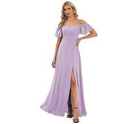 Ever-Pretty Women's Ruffles One Shoulder Short Sleeve Empire Waist A Line Chiffon Long Bridesmaid Dresses with Side Slit Frosted Lilac 20