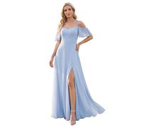 Ever-Pretty Women's Ruffles One Shoulder Short Sleeve Empire Waist A Line Chiffon Long Bridesmaid Dresses with Side Slit Ice Blue 10