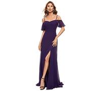 Ever-Pretty Women's Ruffles One Shoulder Short Sleeve Empire Waist A Line Chiffon Long Bridesmaid Dresses with Side Slit Dark Purple 8UK