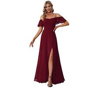 Ever-Pretty Women's Ruffles One Shoulder Short Sleeve Empire Waist A Line Chiffon Long Cocktail Evening Dresses with Side Slit Burgundy 18UK