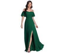 Ever-Pretty Women's Ruffles One Shoulder Short Sleeve Empire Waist A Line Chiffon Long Evening Gowns Dresses with Side Slit Dark Green 14UK