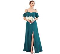 Ever-Pretty Women's Ruffles One Shoulder Short Sleeve Empire Waist A Line Chiffon Long Evening Party Dresses with Side Slit Teal 24UK