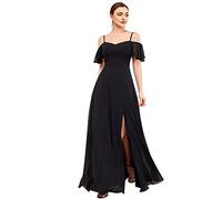 Ever-Pretty Women's Ruffles One Shoulder Short Sleeve Empire Waist A Line Chiffon Long Evening Party Dresses with Side Slit Black 24UK