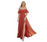 Ever-Pretty Women's Ruffles One Shoulder Short Sleeve Empire Waist A Line Chiffon Long Evening Party Dresses with Side Slit Burnt Orange 26UK