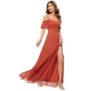 Ever-Pretty Women's Ruffles One Shoulder Short Sleeve Empire Waist A Line Chiffon Long Mother of The Groo Dresses with Side Slit Burnt Orange 26UK