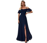 Ever-Pretty Women's Ruffles One Shoulder Short Sleeve Empire Waist A Line Chiffon Long Mother of The Bride Dresses with Side Slit Navy Blue 22UK