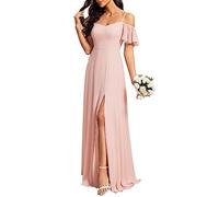 Ever-Pretty Women's Ruffles One Shoulder Short Sleeve Empire Waist A Line Chiffon Long Prom Dresses with Side Slit Pink 12UK