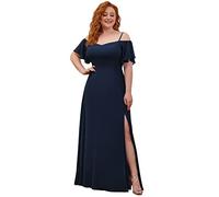 Ever-Pretty Women's Ruffles One Shoulder Spaghetti Straps Empire Waist A Line Chiffon Long Bridesmaid Dresses Plus Size Navy Blue 22UK