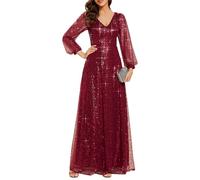 Ever-Pretty Women's Sequin A-Line V Neck Long Sheer Sleeves Tulle Evening Prom Dresses Burgundy 14UK