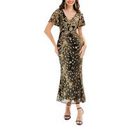 Ever-Pretty Women's Sequin Evening Dresses Maxi Bodycon V-Neck Short Sleeves Black Gold 14