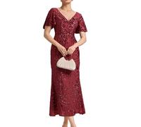 Ever-Pretty Women's Sequin Evening Dresses Maxi Bodycon V-Neck Short Sleeves Burgundy 22