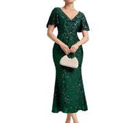 Ever-Pretty Women's Sequin Evening Dresses Maxi Bodycon V-Neck Short Sleeves Dark Green 16