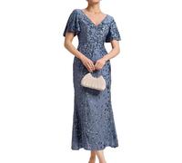 Ever-Pretty Women's Sequin Evening Dresses Maxi Bodycon V-Neck Short Sleeves Dusty Navy 20