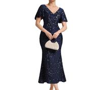 Ever-Pretty Women's Sequin Evening Dresses Maxi Bodycon V-Neck Short Sleeves Navy Blue 16