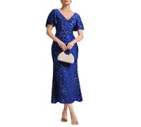 Ever-Pretty Women's Sequin Evening Dresses Maxi Bodycon V-Neck Short Sleeves Sapphire Blue 16