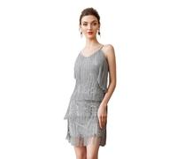 Ever-Pretty Women's Sequin Fringe Cocktail Dress, 1920s Iridescent Vintage Flapper Spaghetti Strap Mini Dress for Gatsby Party Grey M
