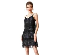 Ever-Pretty Women's Sequin Fringe Cocktail Dress, 1920s Iridescent Vintage Flapper Spaghetti Strap Mini Dress for Gatsby Party Black M