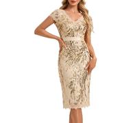 Ever-Pretty Women's Sequin Lace Bodycon Midi Cocktail Dress V-Neck Formal Gown for Wedding Evening Party Gold 12UK