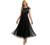 Ever-Pretty Women's Sequin Lace Midi Cocktail Dress Pleated Tulle A-Line Evening Party Gown for Wedding Guest Black 18UK