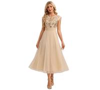 Ever-Pretty Women's Sequin Lace Midi Cocktail Dress Pleated Tulle A-Line Evening Party Gown for Wedding Guest Gold 20UK