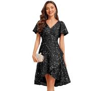 Ever-Pretty Women's Sequin Midi Prom Dress Ruffle Sleeves A-Line Cocktail Party Dress Black 10UK