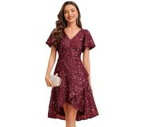 Ever-Pretty Women's Sequin Midi Prom Dress Ruffle Sleeves A-Line Cocktail Party Dress Burgundy 12UK