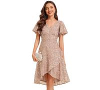 Ever-Pretty Women's Sequin Midi Prom Dress Ruffle Sleeves A-Line Cocktail Party Dress Champagne 10UK