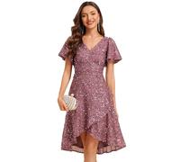 Ever-Pretty Women's Sequin Midi Prom Dress Ruffle Sleeves A-Line Cocktail Party Dress Orchid 16UK