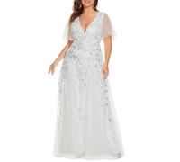 Ever-Pretty Women's Sequin Plus Size Formal Dresses Evening Gown V-Neck Sheer Short Sleeve A-Line Mother of Bride Dress, White, 26