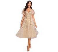 Ever-Pretty Women's Sequin Tulle Cocktail Dress with V-Neck Flutter Sleeve Fit & Flare Midi Dress for Formal Party Gold 10
