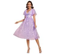 Ever-Pretty Women's Sequin Tulle Cocktail Dress with V-Neck Flutter Sleeve Fit & Flare Midi Dress for Formal Party Lavender 16
