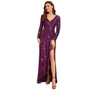 Ever-Pretty Women's Sexy Winter Sequin Dress Long Sleeves A-Line High Low Maxi Evening Dresses Dark Purple 22UK