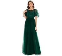 Ever-Pretty Women's Short Sleeve Embroidery Empire Waist A Line Floor Length Elegant Long Formal Dresses Dark Green 24UK