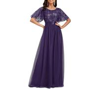 Ever-Pretty Women's Short Sleeve Embroidery Empire Waist A Line Floor Length Elegant Long Formal Evening Party Dresses Dark Purple 12UK