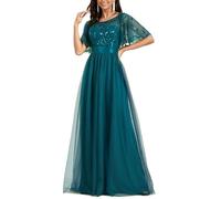 Ever-Pretty Women's Short Sleeve Embroidery Empire Waist A Line Floor Length Elegant Long Formal Evening Party Dresses Teal 16UK