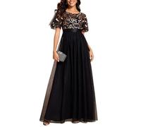 Ever-Pretty Women's Short Sleeve Embroidery Empire Waist A Line Floor Length Elegant Long Formal Evening Party Dresses Black Gold 24UK