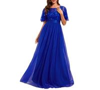 Ever-Pretty Women's Short Sleeve Embroidery Empire Waist A Line Floor Length Elegant Long Formal Evening Party Dresses Sapphire Blue 26UK